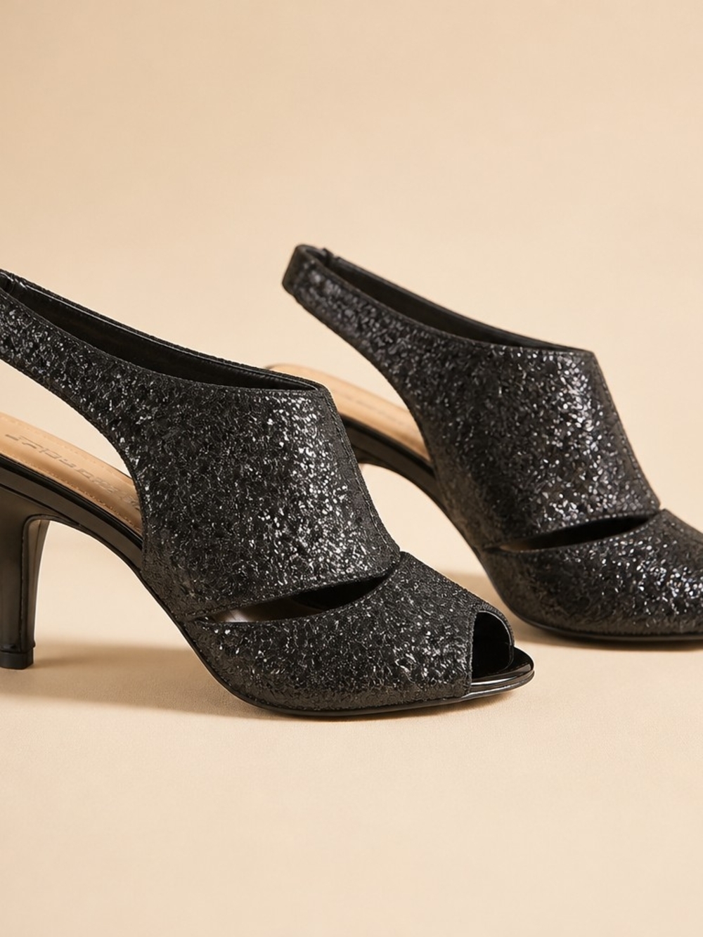 Bandolina Mirabella Size 7 Black Glitter Peep-Toe Slingback Heels